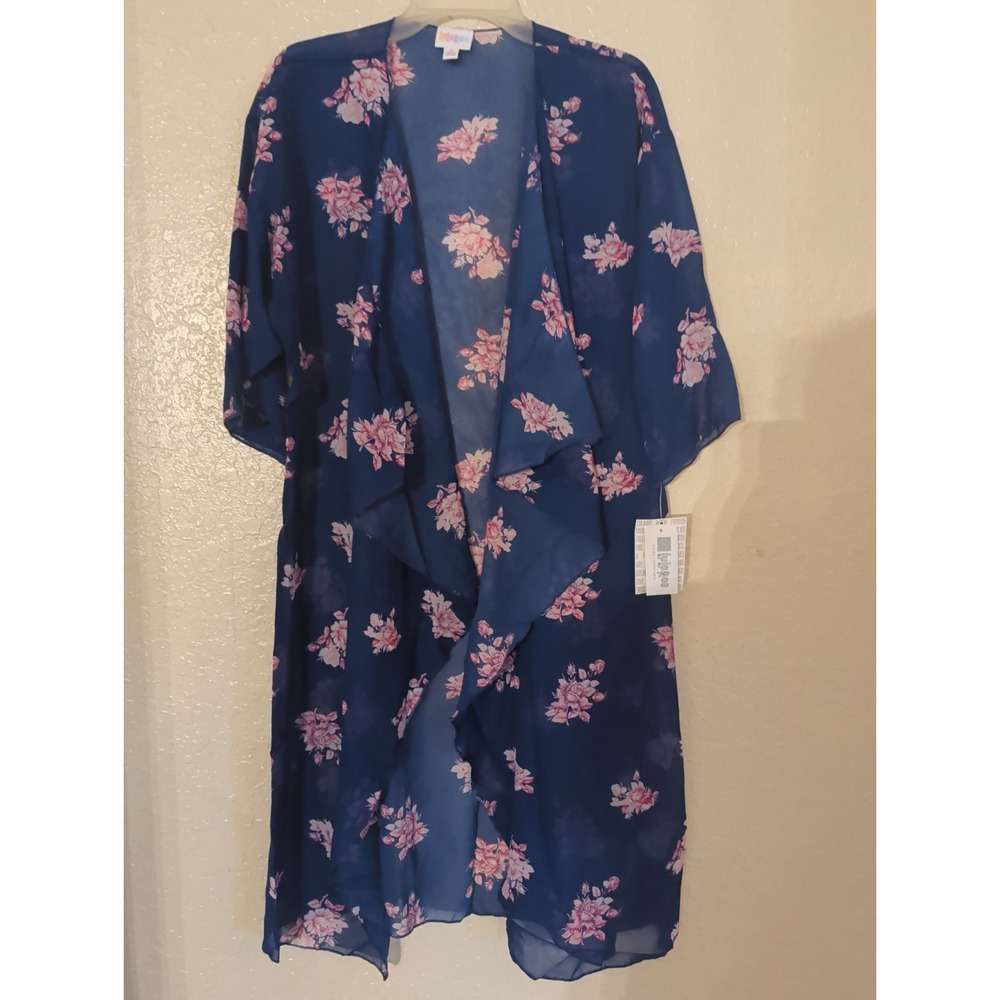 LuLaRoe Shirley Royal Blue Pink Roses Sheer Long Cardigan Kimono Cover M